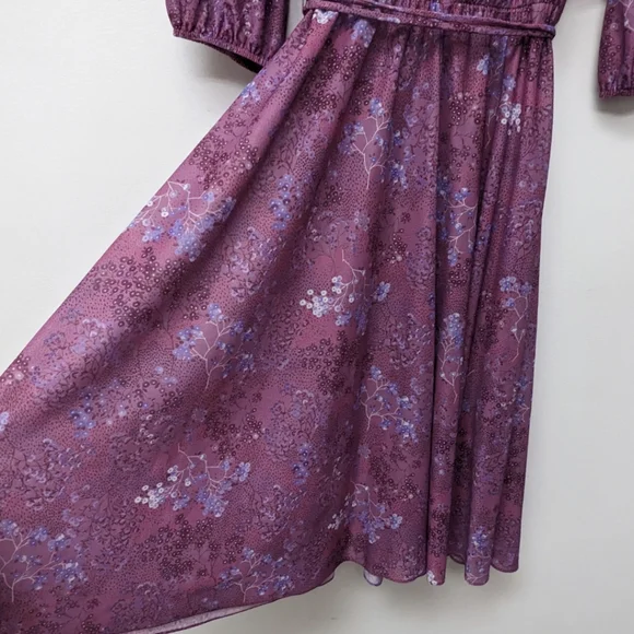Vintage 70's Purple Flowy Floral Bib Cottage Core Midi Amy-Deb Dress Made in USA - Picture 6 of 16